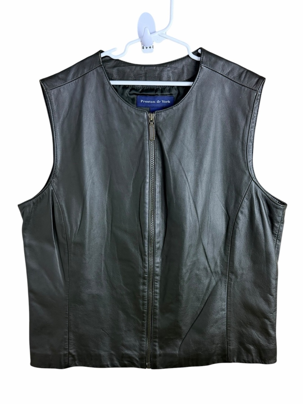 Vintage Preston & York Size 14 Black Genuine Leather Zip Vest 90s Y2K